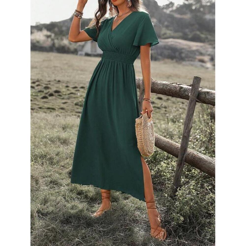 Wandoria Dark Green V-Neck Slit Maxi Dress, Boho - Picture 3 of 7